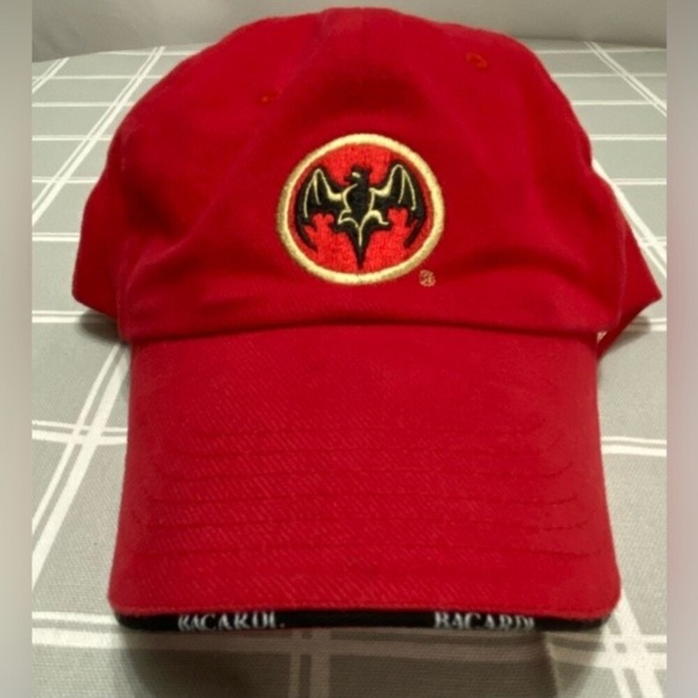 Bacardi Red Cap Strap Back Adjustable Hat Black Trim Rum Liquor Mixology Bar Bat